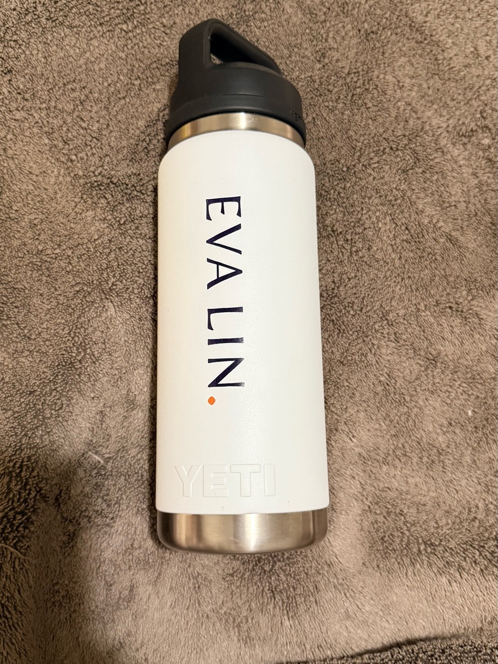Yeti White Bottle with Black Lid and Navy Vertical EVA LIN Text